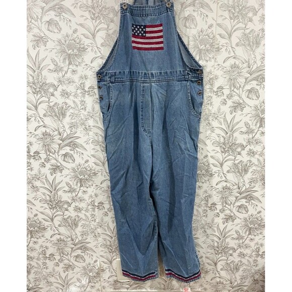 Vintage Agapo Denim Overalls Women Sz M USA Flag American Cross Stitch Embroider - Picture 2 of 14